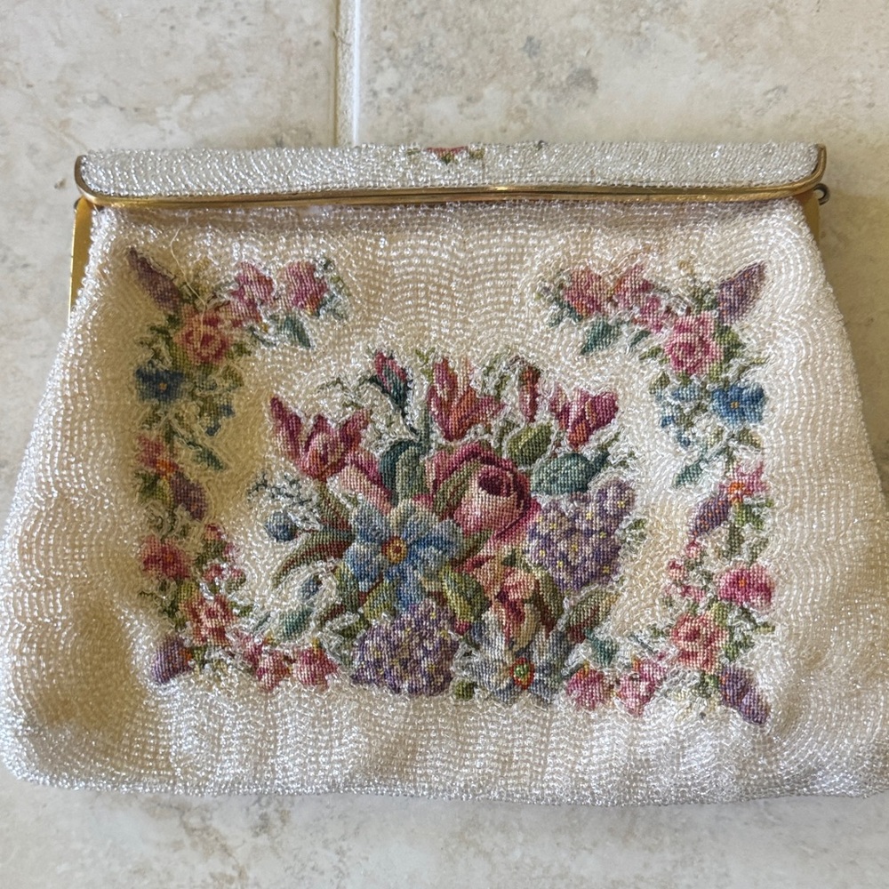 Vintage Beaded Floral Evening Clutch - Ivory with Pink & Purple Flowers